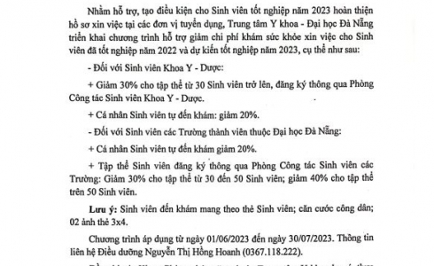 Thông báo về việc giảm chi phí khám sức khỏe xin việc cho sinh viên KYD và các trường thành viên thuộc ĐHĐN